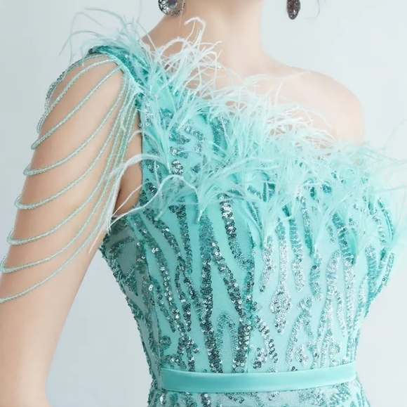 Mint Green, Assymmetrical Feather BeadedNeck, Graphic, Slit Thigh, Sequined Gown - Picture 8 of 11